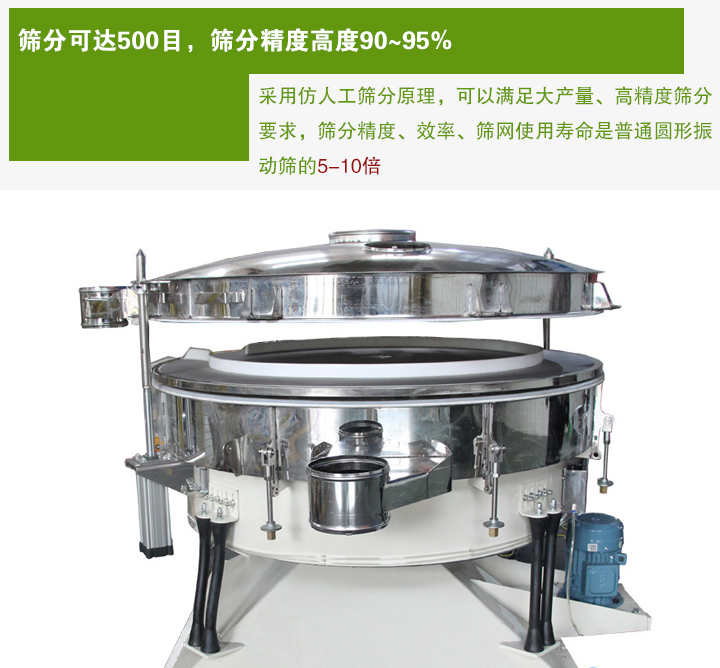 搖擺篩分機(jī)采用仿人工篩分原理，可以滿足大產(chǎn)量、高精度篩分 要求，篩分精度、效率、篩網(wǎng)使用壽命是普通圓形振 動篩的5-10倍